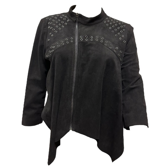 BCBGMaxAzria Black Faux Suede Asymmetrical Cropped Eyelet Studded Zip Jacket S - Picture 12 of 12